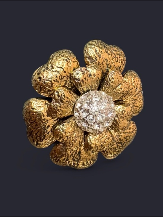 Benedikt NY Jewelry - Rare Vintage BENEDIKT NY Flower Brooch Gold Tone with Pave Rhinestone Center